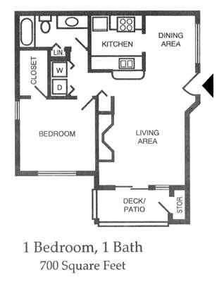 A black and white image of a floor plan for a 700 square foot home with one bedroom and one bath.